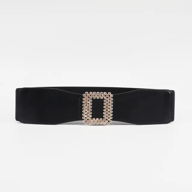 Elastic Female Black Rhinestone Square Buckle Elastic Waistband Black - Shop at LoveMi