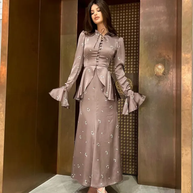 Autumn New Elegant Style Fake Two piece Design Printed Dress Camel - Shop at LoveMi