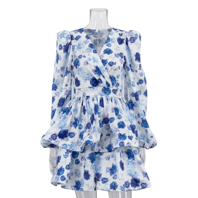 V neck Puff sleeve High waist A line Dress Blue - Shop at LoveMi