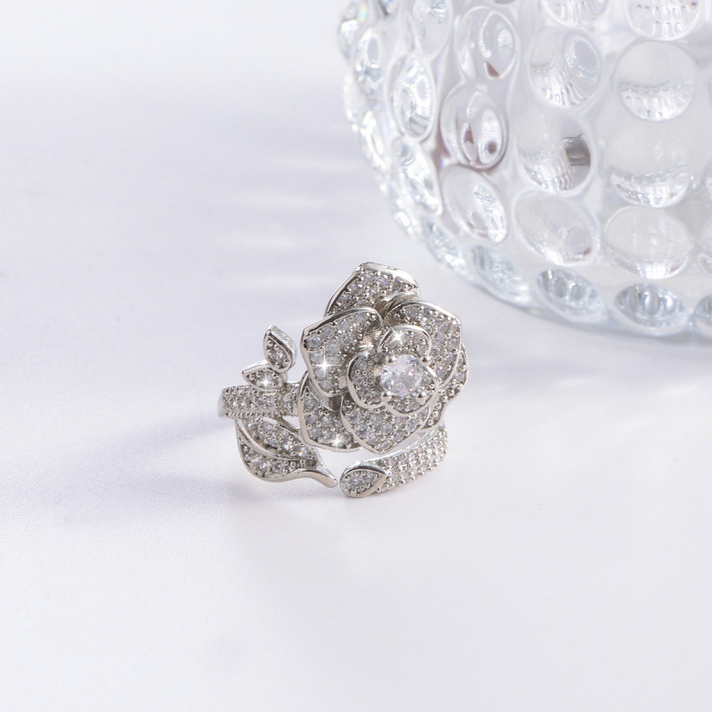 Fashionable Light-luxury High-end Diamond-studded Camellia Open Ring - photo 4