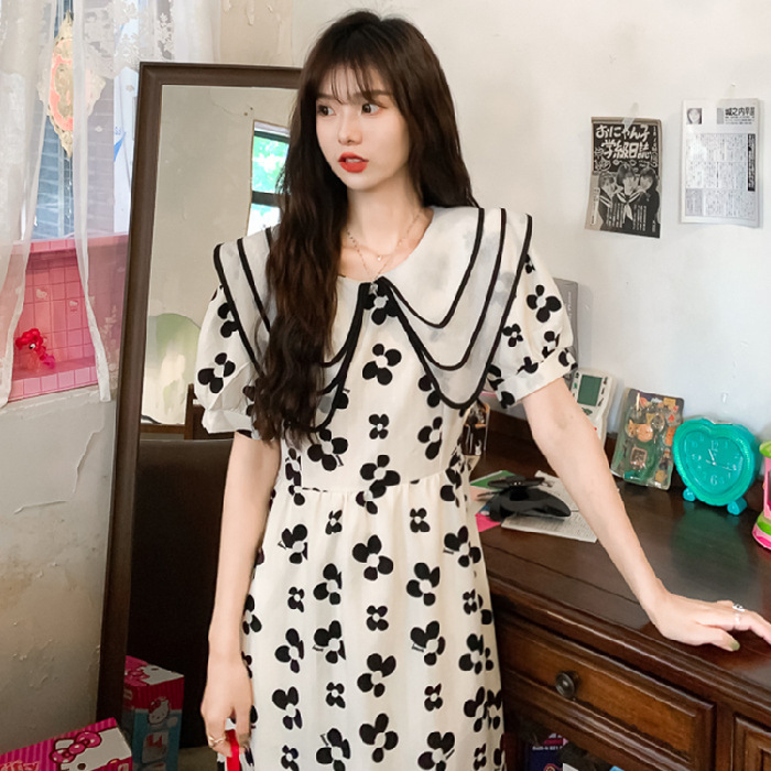 Doll Collar Printed Short-sleeved Dress Women's Mid-length High Waist Slimming Fitted Waist Turn-down Collar Long Dress