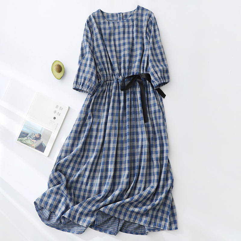Cotton Plaid Half-Sleeve Midi Dress, picture 3 of 9