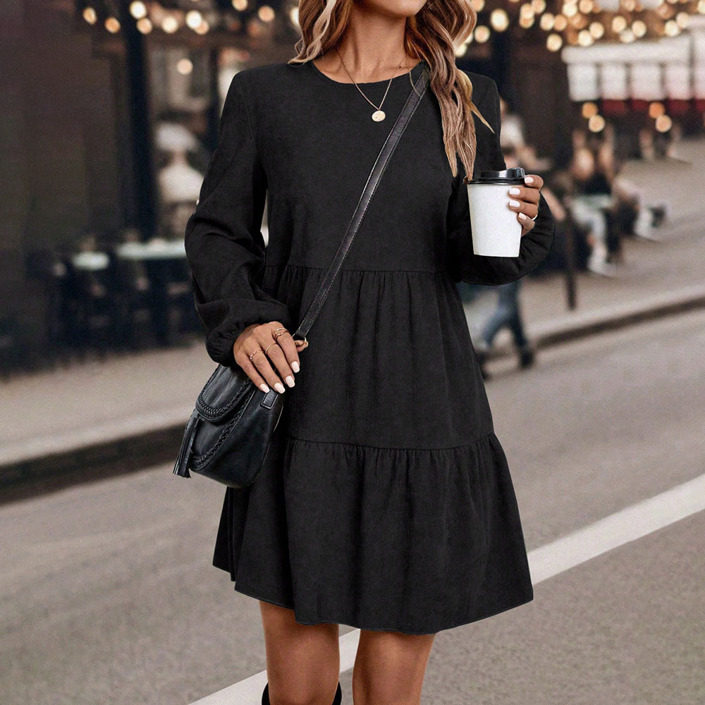 Womens Ruffled Round-neck Dress