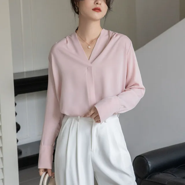 Korean Style Versatile V neck Long Sleeve Satin Blouse Women's Tops Pink - Shop at LoveMi