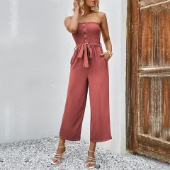 Women's Tube Top Leisure Commute Wide Leg Cropped Jumpsuit - Rosewood Color - View 1