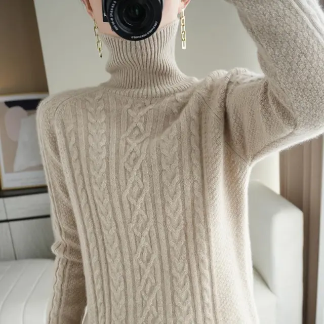 Fashion New High Neck Knitted Sweater For Women Oatmeal Color Xl - Shop at LoveMi
