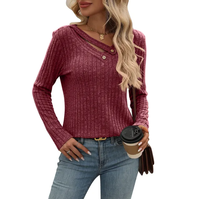 Women's Loose Casual V neck Button Top Sunken Stripe T shirt Wine Red - Shop at LoveMi