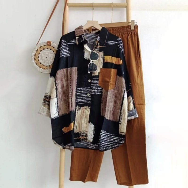 Oversized Loose-fitting Pattern Print Lapel Cardigan Suit - Image 16