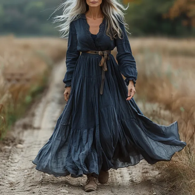 3D printed Niche Womens Long sleeve V neck Dress Blue - Shop at LoveMi