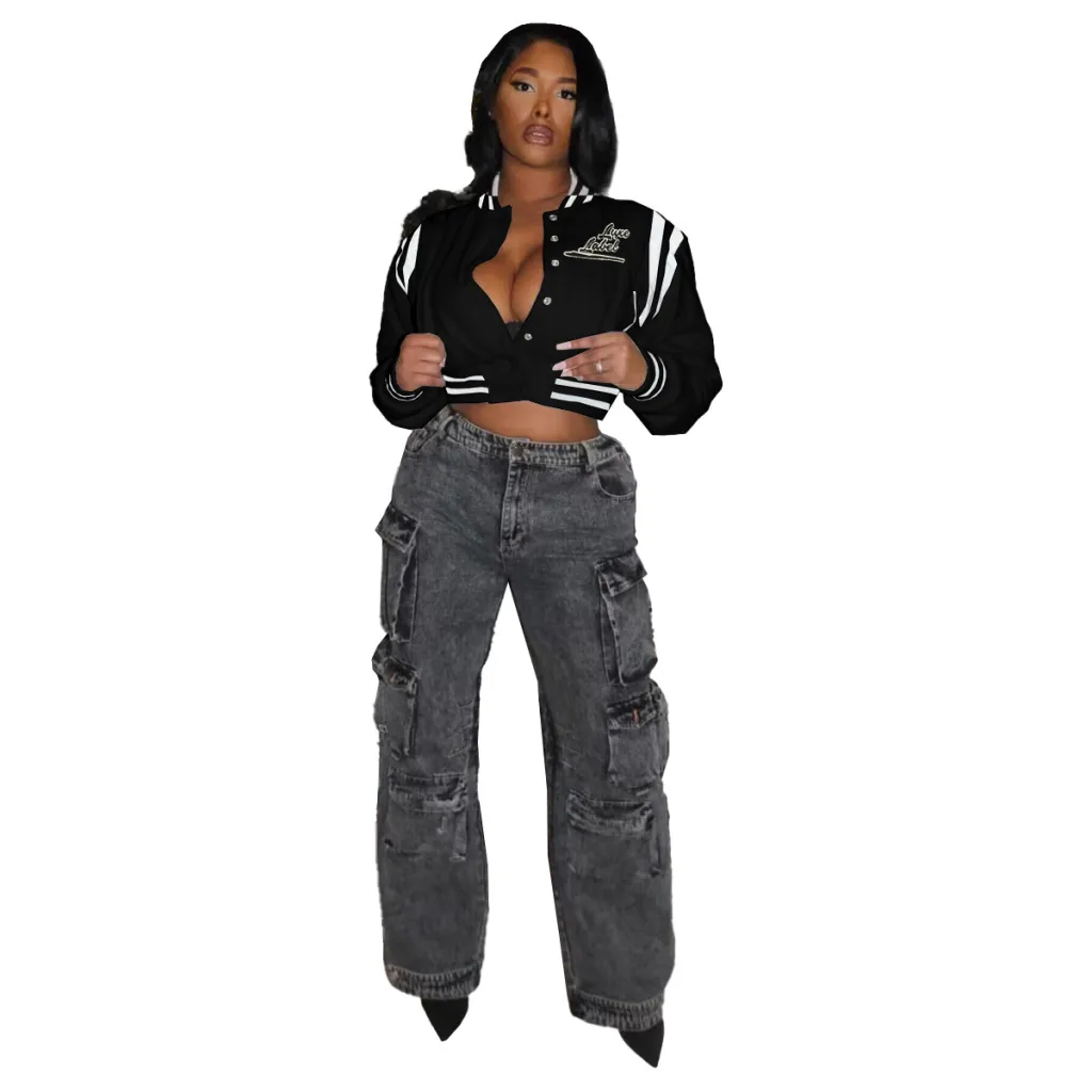 Women's Towel Embroidery Letter Press Button Fashion Thread Jacket - Black