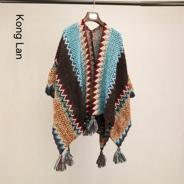 Ethnic Style Travel Cloak Scarf Dual use Peacock Blue - Shop at LoveMi