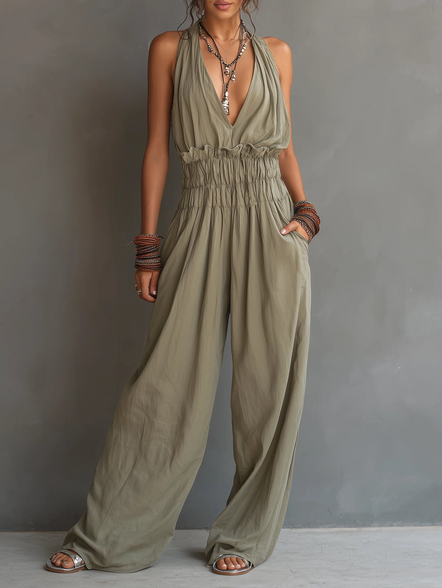 Women's halter jumpsuit in light blue – full outfit view