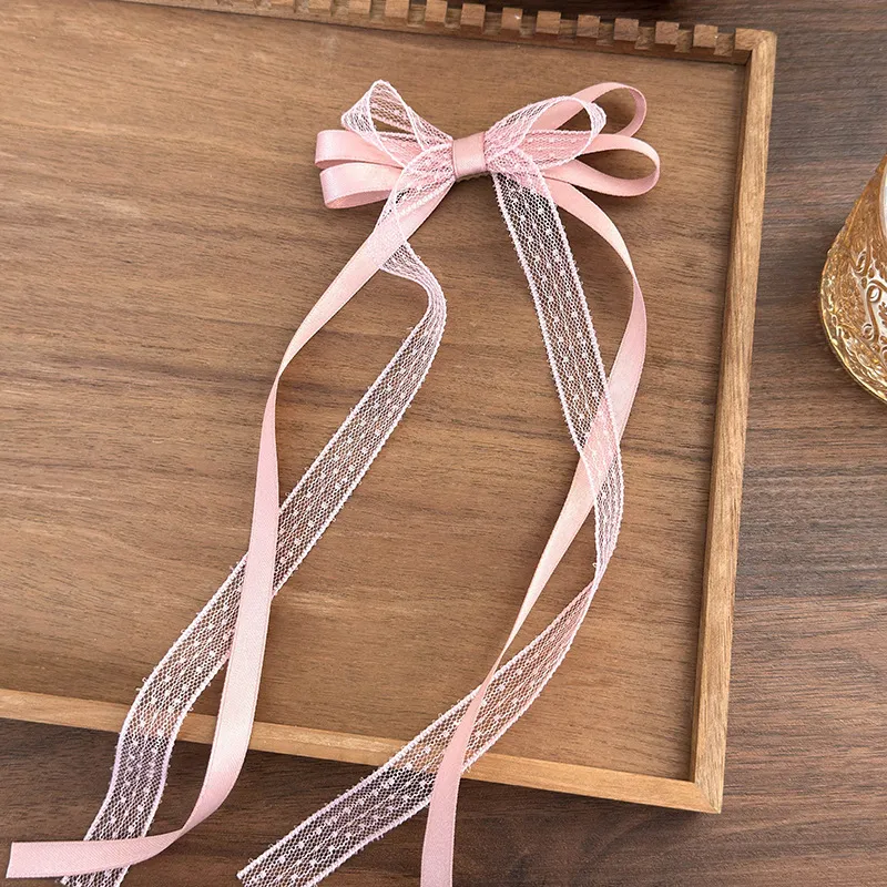 Lace Bow Ribbon Hairpin Ballet Style Girl's Hair Hoop Side Fringe Clip - Pink
