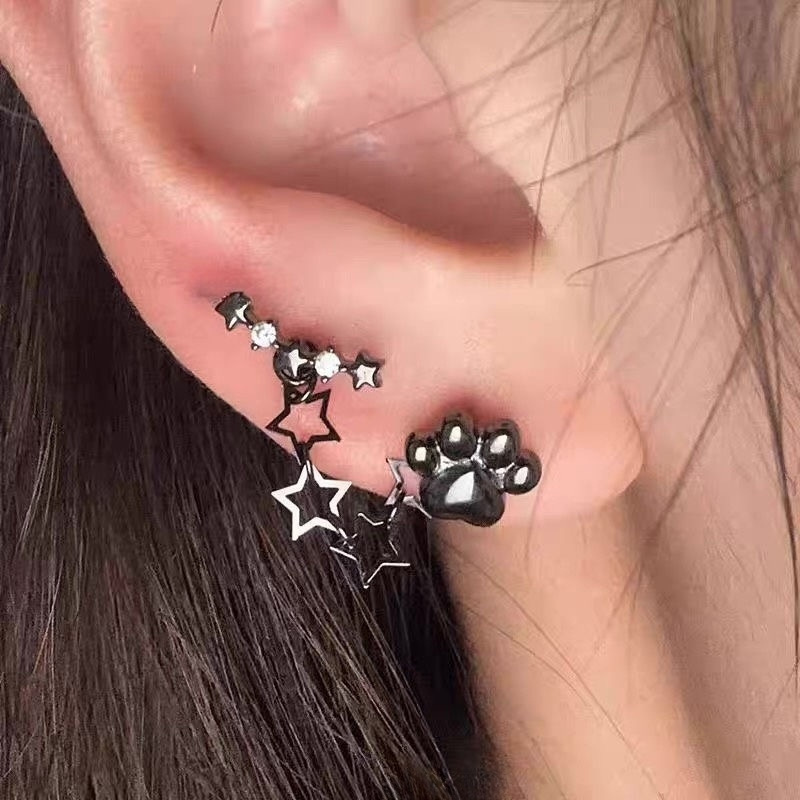Double-hole Chain Ear Cuff Stud Earrings For Women Sweet Yet Edgy Y2K-style Colorful Starburst Earrings