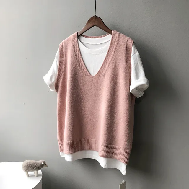 Preppy Style V neck Loose And Idle Sleeveless Waistcoat Pink - Shop at LoveMi