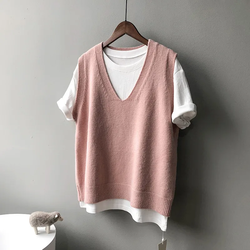 Preppy Style V-neck Loose And Idle Sleeveless Waistcoat - Pink