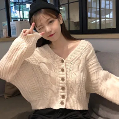 Women's Short Twist Lantern Sleeve Sweater Coat Apricot - Shop at LoveMi