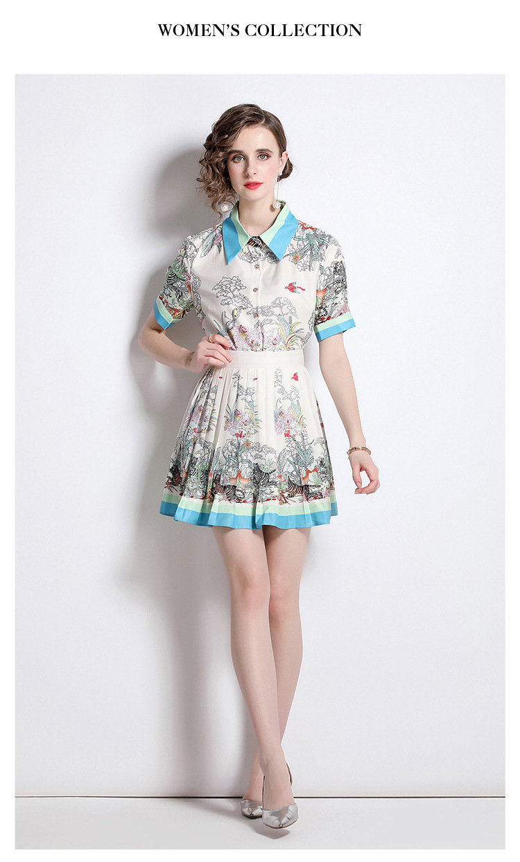 Short Sleeve Printed Shirt Pleated Skirt Suit