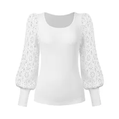 New Fashion Lace Long Sleeve Pullover Small Sunken Stripe T-shirt - White - View 1