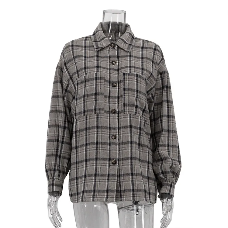Retro Long Sleeve Pocket Plaid Shirt - Khaki