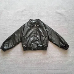 Zipper And Lapel Long Sleeve Loose All-matching Fleece-lined Cropped Leather Coat - Black - View 1
