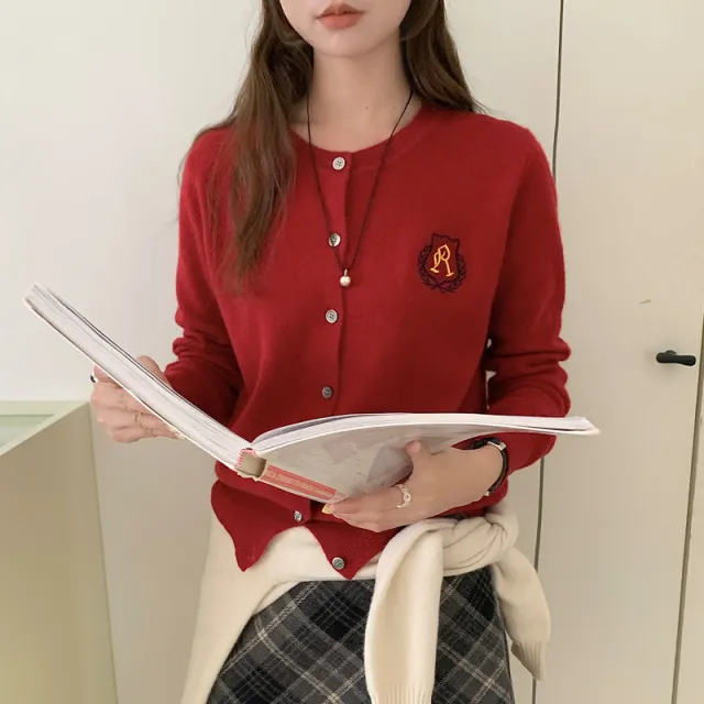 College Style Badge Embroidered Knitted Cardigan For Women Lining Red - Shop at LoveMi
