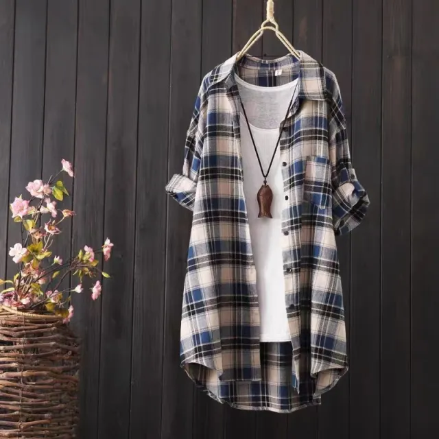 Loose And Idle Plaid Shirt Women's Mid length Autumn Style Coat Navy Blue - Shop at LoveMi