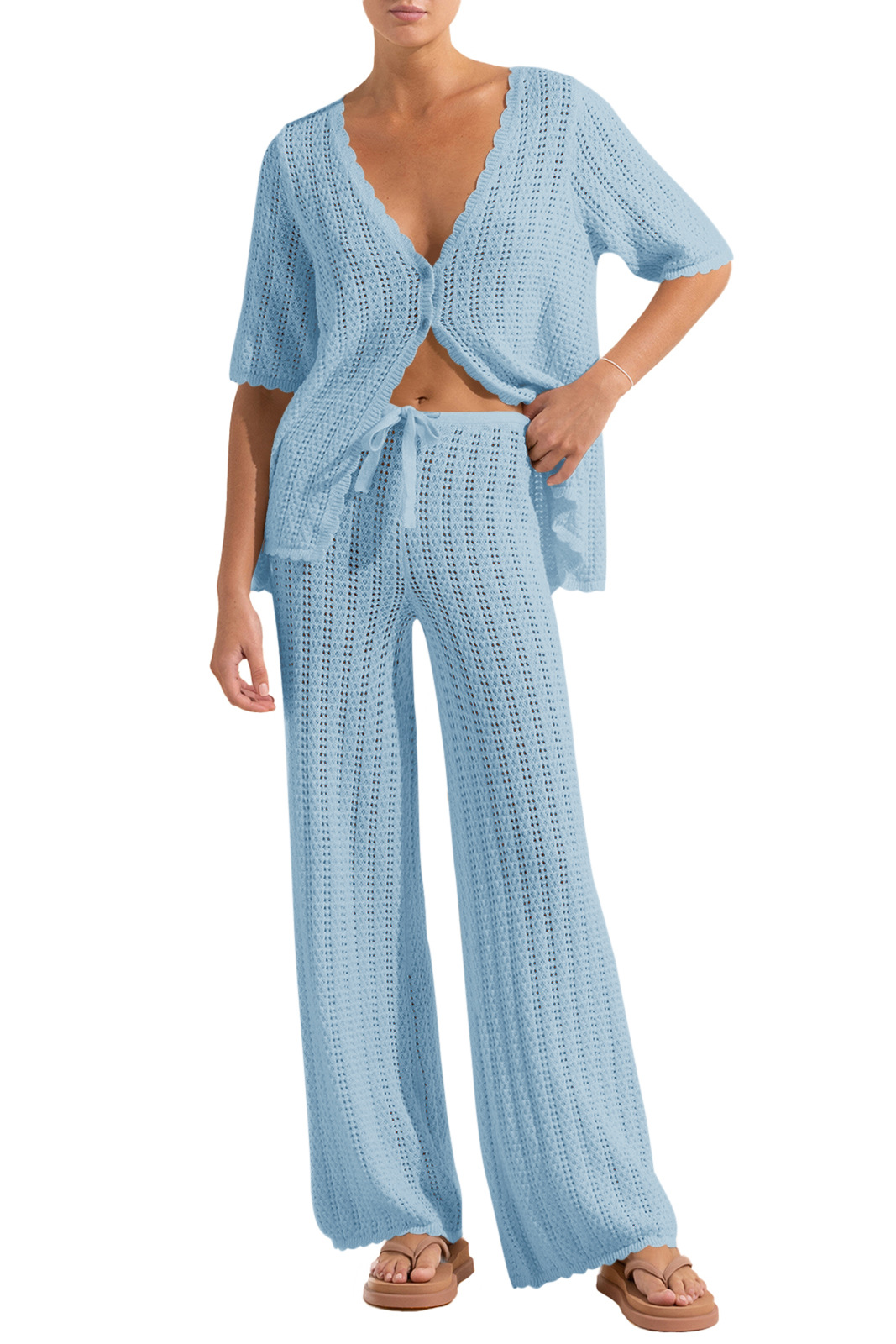 European And American V neck Short sleeved Knitted Sexy Cutout High Waist Trousers Commuter Sweater Suit Sky Blue - Shop at LoveMi