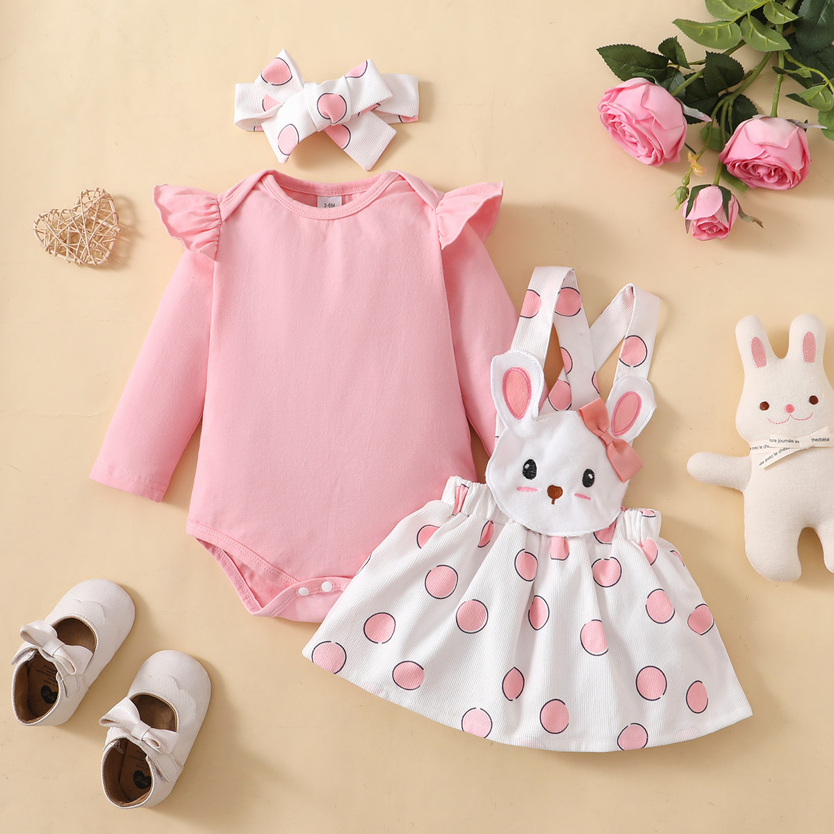 Polka Dot Rabbit Affixed Cloth Embroidered Suspender Skirt Outfit