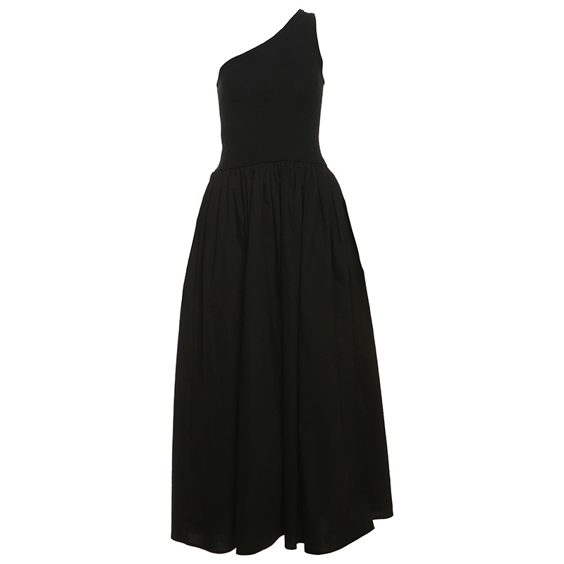 Fashion Women's Wear Waist Slant Shoulder Sleeveless Dress Black - Shop at LoveMi