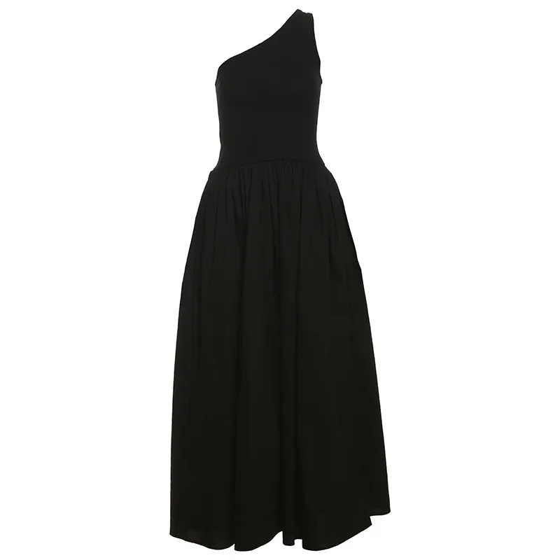 Fashion Women's Wear Waist Slant Shoulder Sleeveless Dress - Black