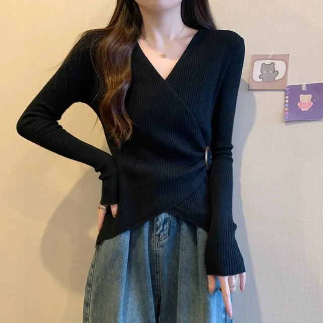 Women's Solid Color Waist Cinching Short V neck Knitted Base Sweater Black - Shop at LoveMi