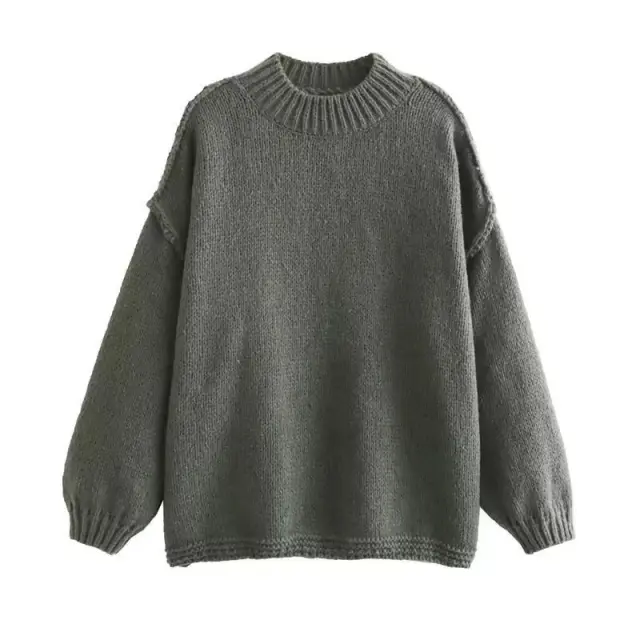 Women's Clothing French Minority Fashion Seam Round Neck Long Sleeve Loose Leisure All matching Sweater Dark Green - Shop at LoveMi