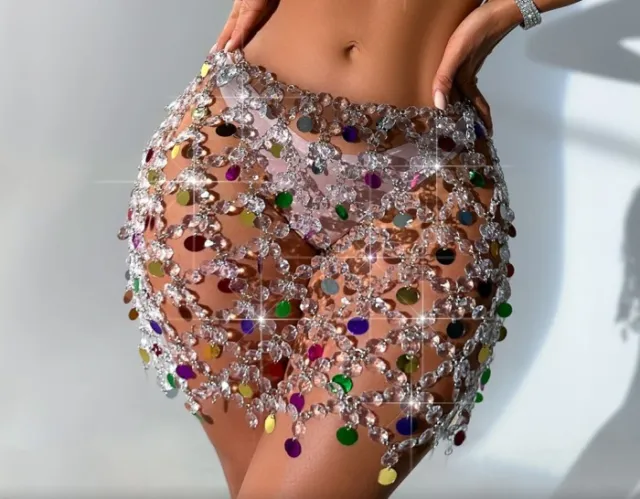 Stage Performance Sexy Sling Color Chain Suit Silver Skirt - Shop at LoveMi