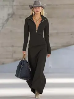 Slim Fit Long Dress Women Casual Long Sleeve Dress - Black - View 1