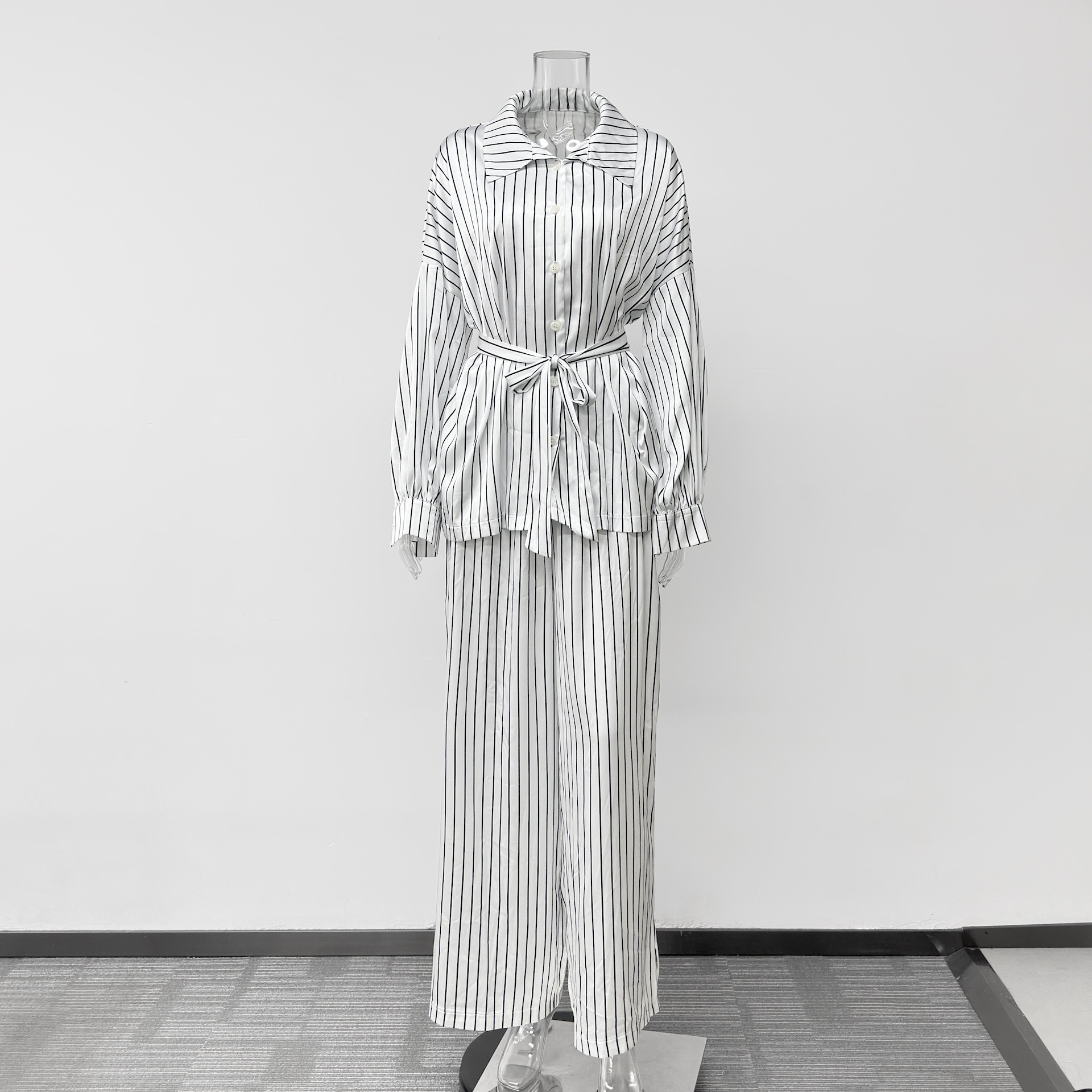 Fashionable Striped Long-sleeve Shirt Cardigan And Wide-leg Pants Two-piece Set