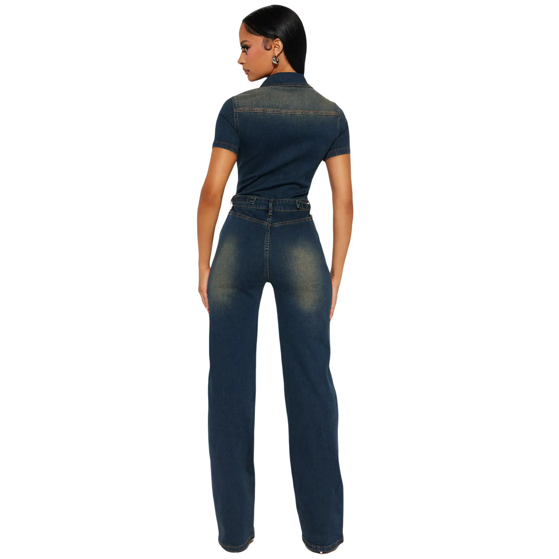 Tight Waist Slim Elastic Washed Denim Jumpsuit