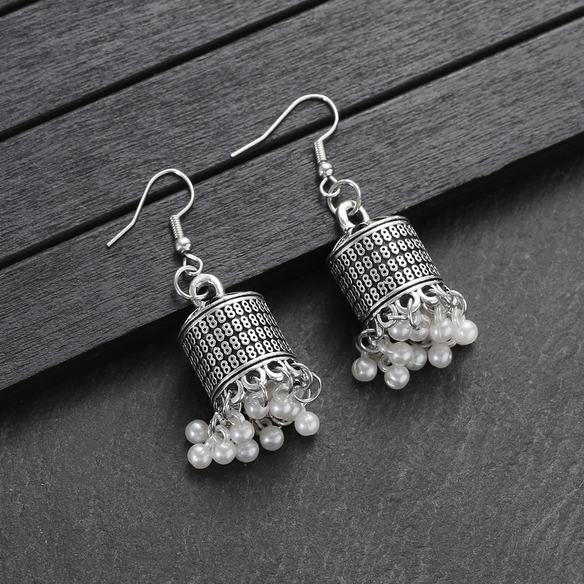 Retro Style Silver Pearl Bell Earrings Tassel
