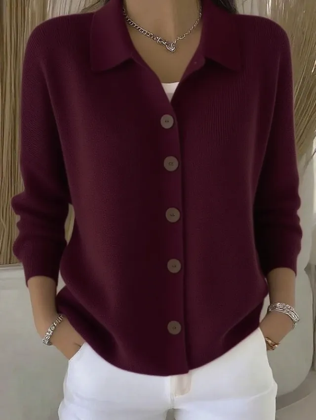 Button knitted Lapel Sweater Cardigan Coat For Women Wine Red - Shop at LoveMi