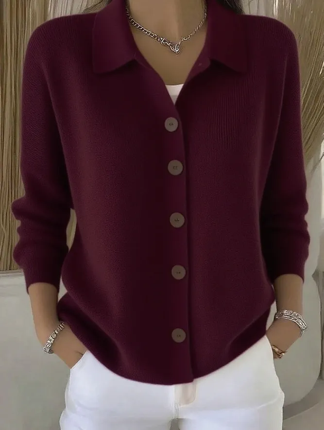 Button-knitted Lapel Sweater Cardigan Coat For Women - Wine Red