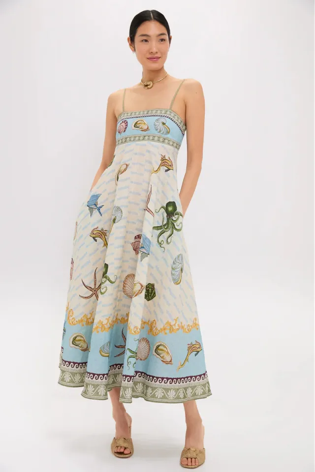 High waisted Cotton linen Printed Camisole Casual Fashionable Dress Blue - Shop at LoveMi