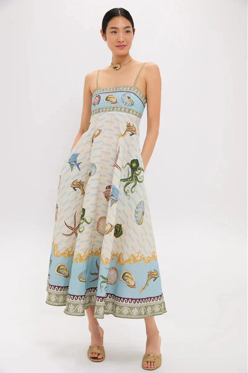 High-waisted Cotton-linen Printed Camisole Casual Fashionable Dress - Blue