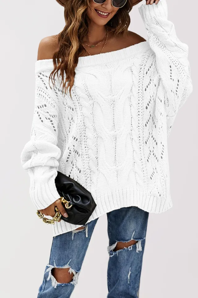 Strapless Plus Size Loose Off Shoulder Solid Color Pullover Sweater White - Shop at LoveMi