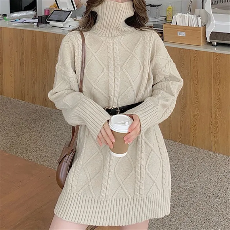 High-neck Design Cable Knit Sweater Women Autumn - Beige
