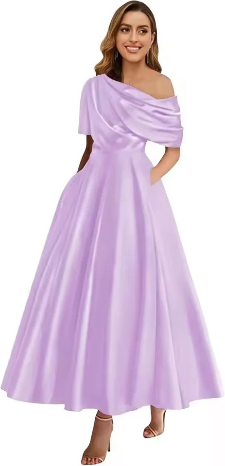 New Elegant And Sophisticated Satin Off-Shoulder Solid Color Dress 7