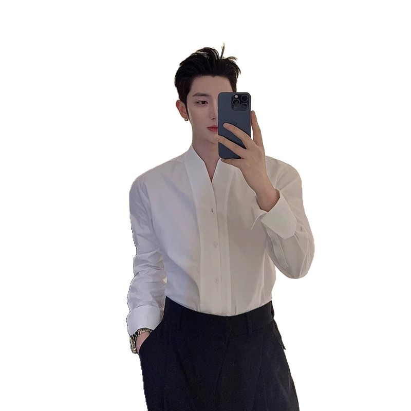 Mens French V-neck White Long-sleeve Shirt