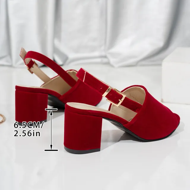 Women's Chunky Heel High Heel Matte Leather Buckle Open Toe Sandals Wine - Shop at LoveMi