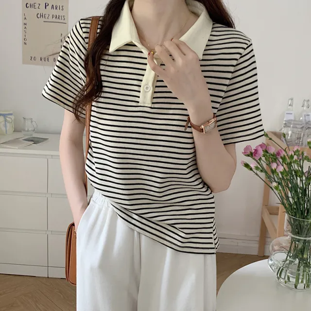 New Korean Style Cotton Yarn dyed Weaving Strip Shoulder Striped Short Sleeve Black - Shop at LoveMi