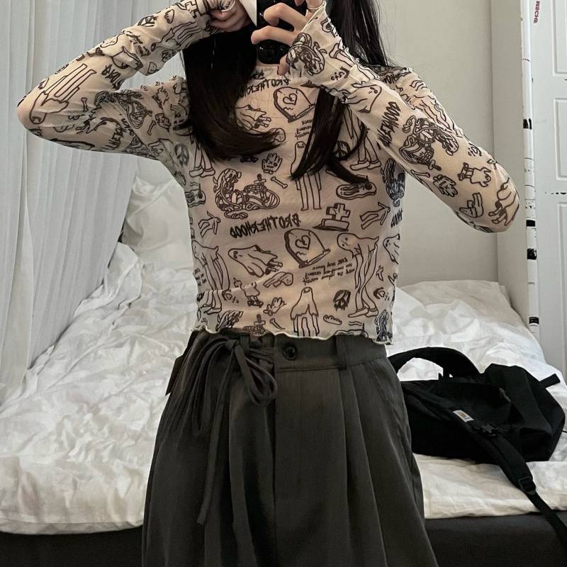 Loose Long Sleeve Printed Mesh Bottoming Shirt Women's Top