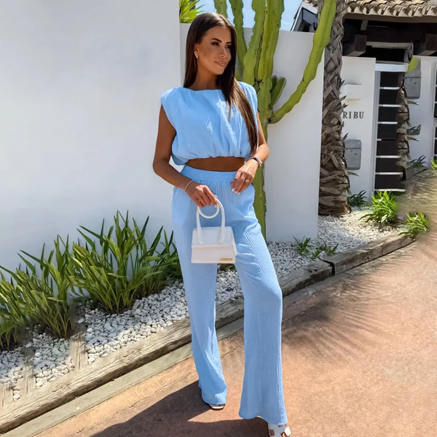Simple Casual Crepe Cotton Suit Short Vest Straight-leg Pants - Blue